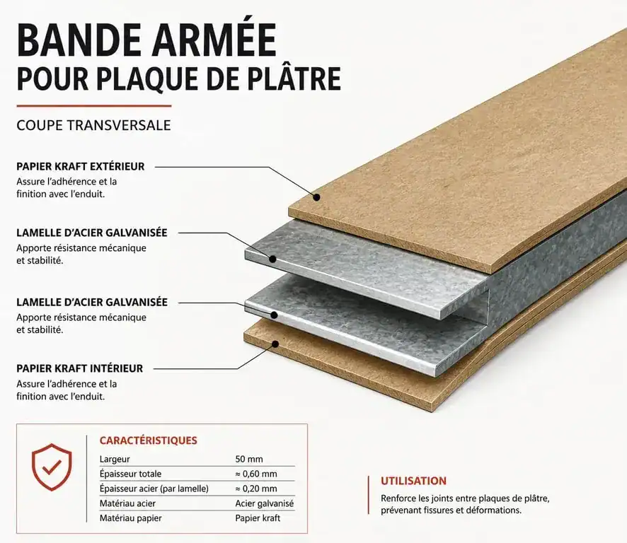 Schéma technique d'une bande armée pour plaque de plâtre avec armature métallique