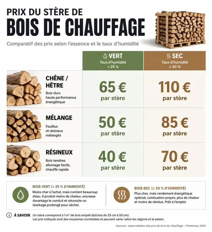 Infographie comparative des prix du stère de bois de chauffage en 1 mètre selon l'essence et l'humidité