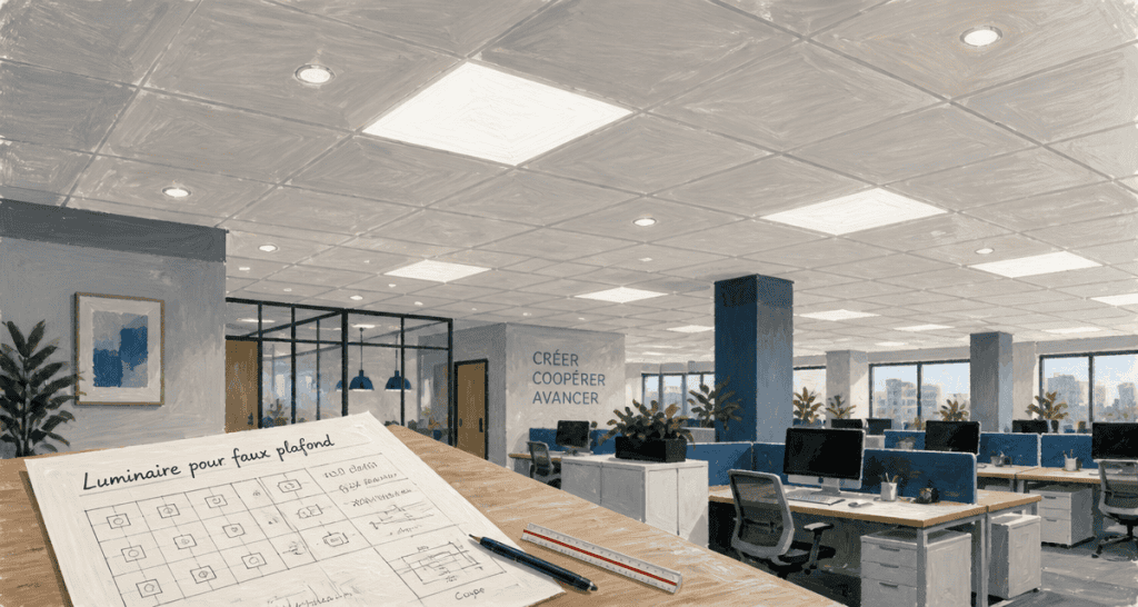 luminaire faux plafond LED et spots encastrés