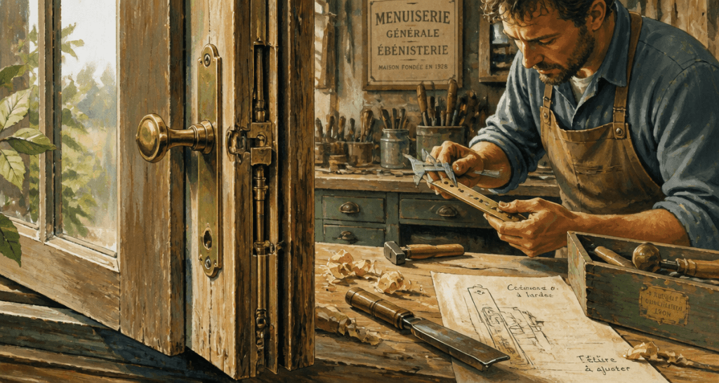 mecanisme cremone fenetre bois ancien detail
