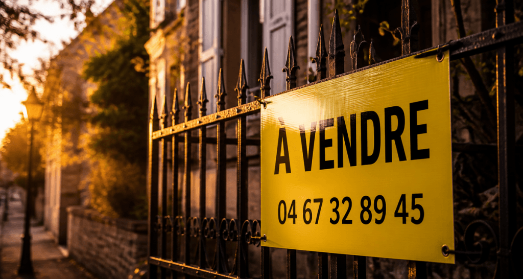 Panneaux agence immobilière Akilux sur grille devant maison