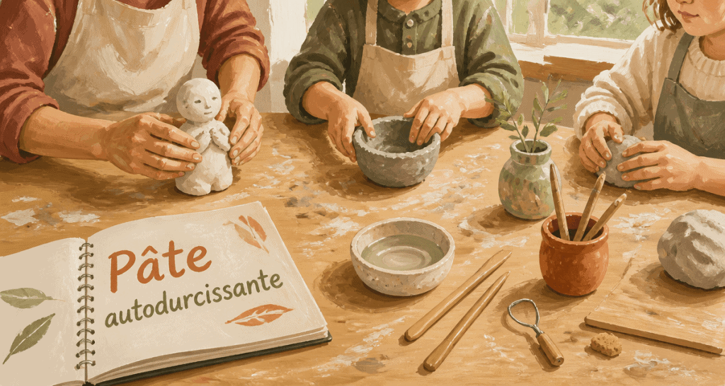 Mains modelant pâte autodurcissante sur table