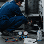 Recharge en gaz frigo, technicien avec manomètre et R134a