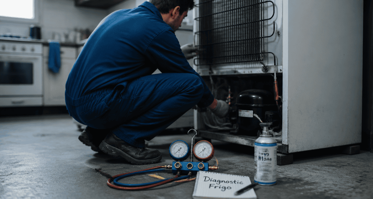Recharge en gaz frigo, technicien avec manomètre et R134a
