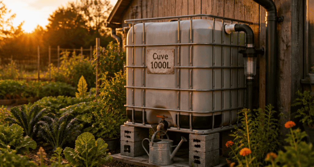 récupérateur d'eau 1000l sur parpaings au potager