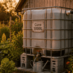 récupérateur d'eau 1000l sur parpaings au potager