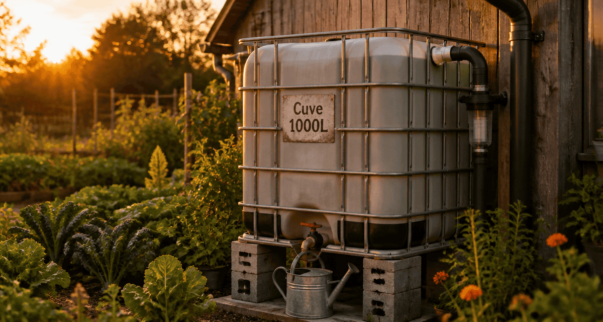 récupérateur d'eau 1000l sur parpaings au potager