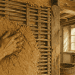 artisan rénovant mur colombage avec torchis