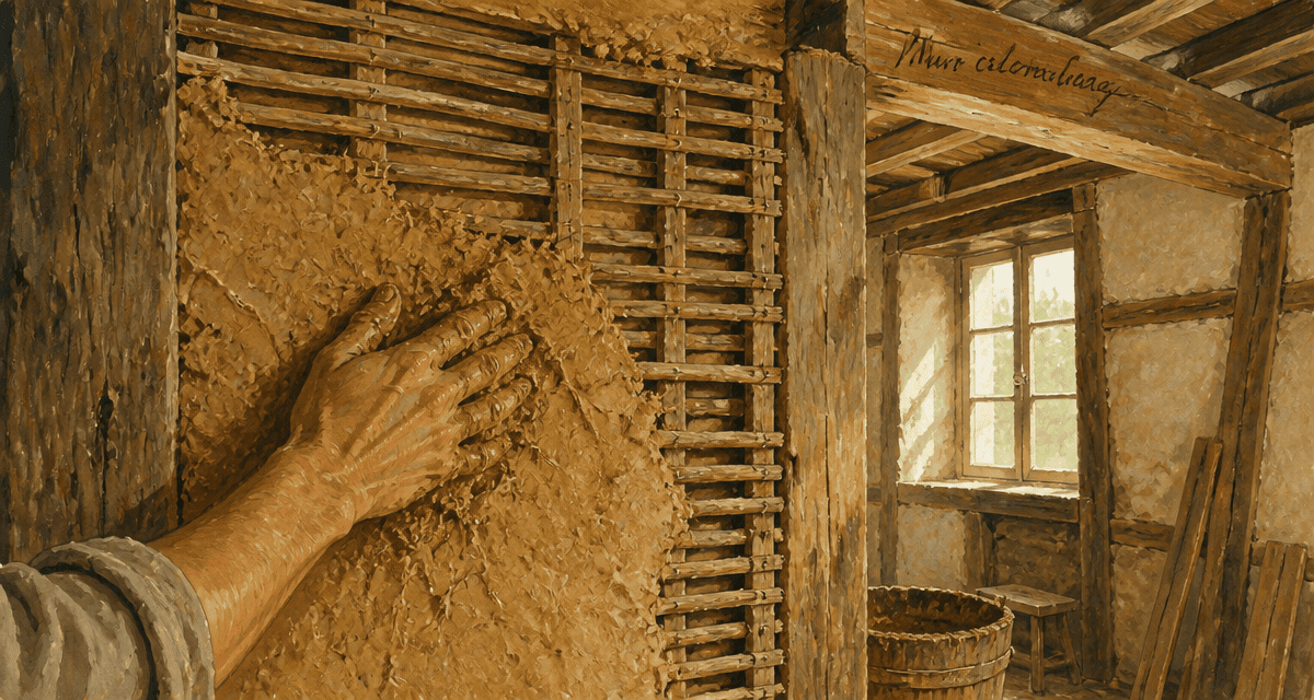 artisan rénovant mur colombage avec torchis