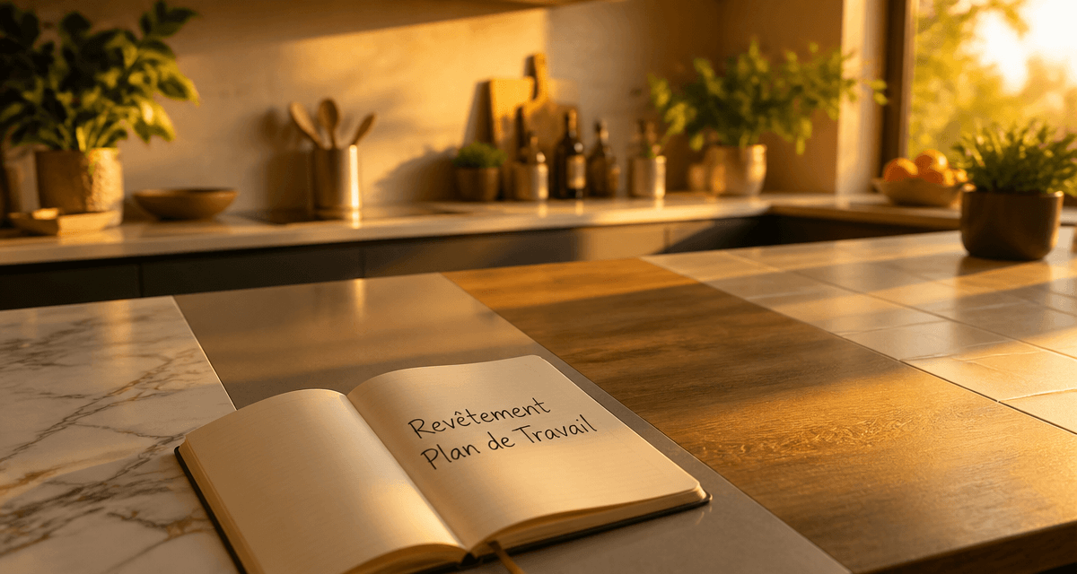 revêtement de plan de travail cuisine moderne en lumière dorée