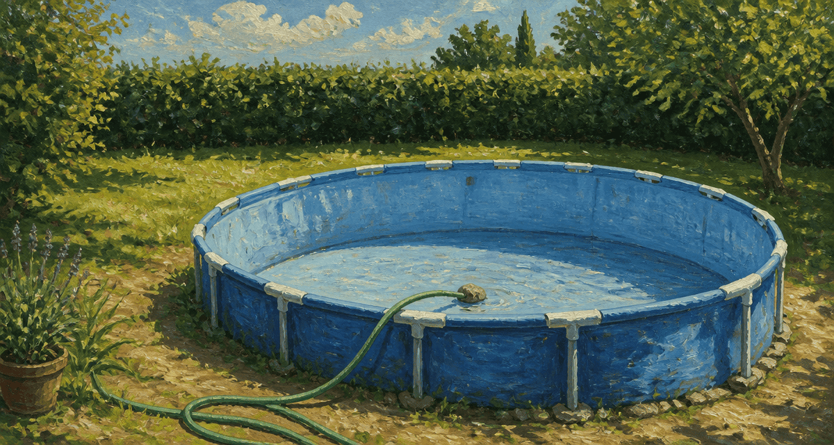 Vider une piscine avec un tuyau dans un jardin d'été