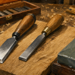 Ciseaux a bois et bédane sur établi, lames prêtes pour assemblages