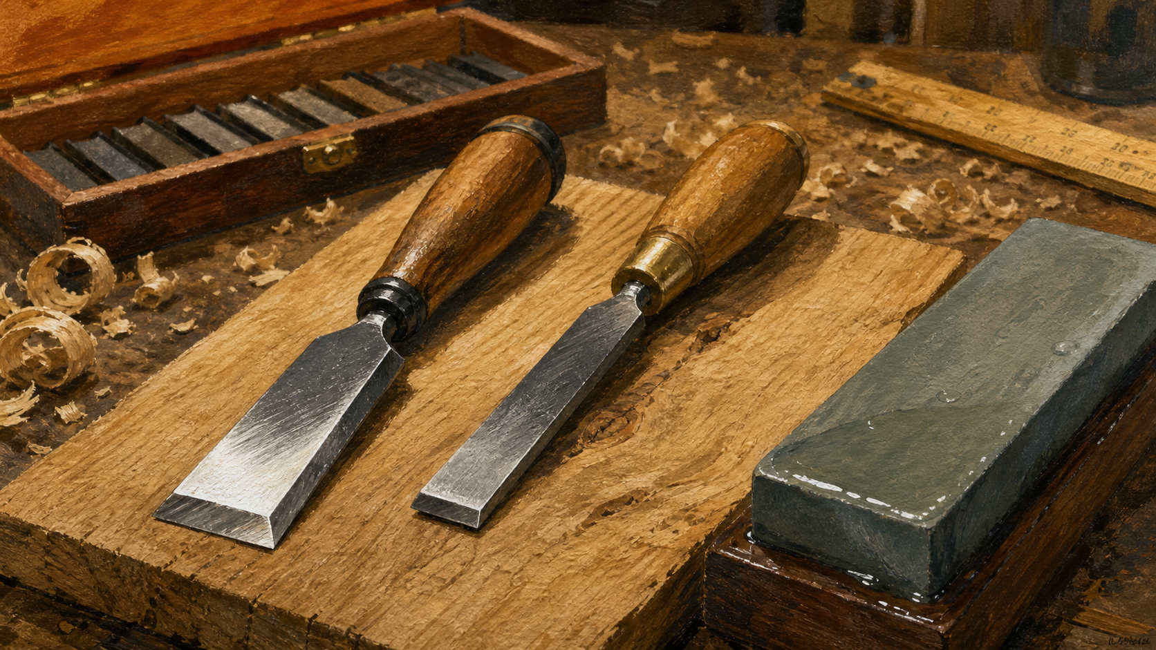 Ciseaux a bois et bédane sur établi, lames prêtes pour assemblages