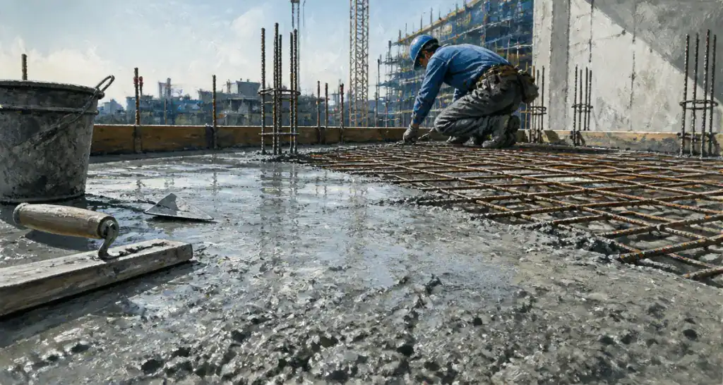 dalle en béton armé fraîchement coulée sur chantier
