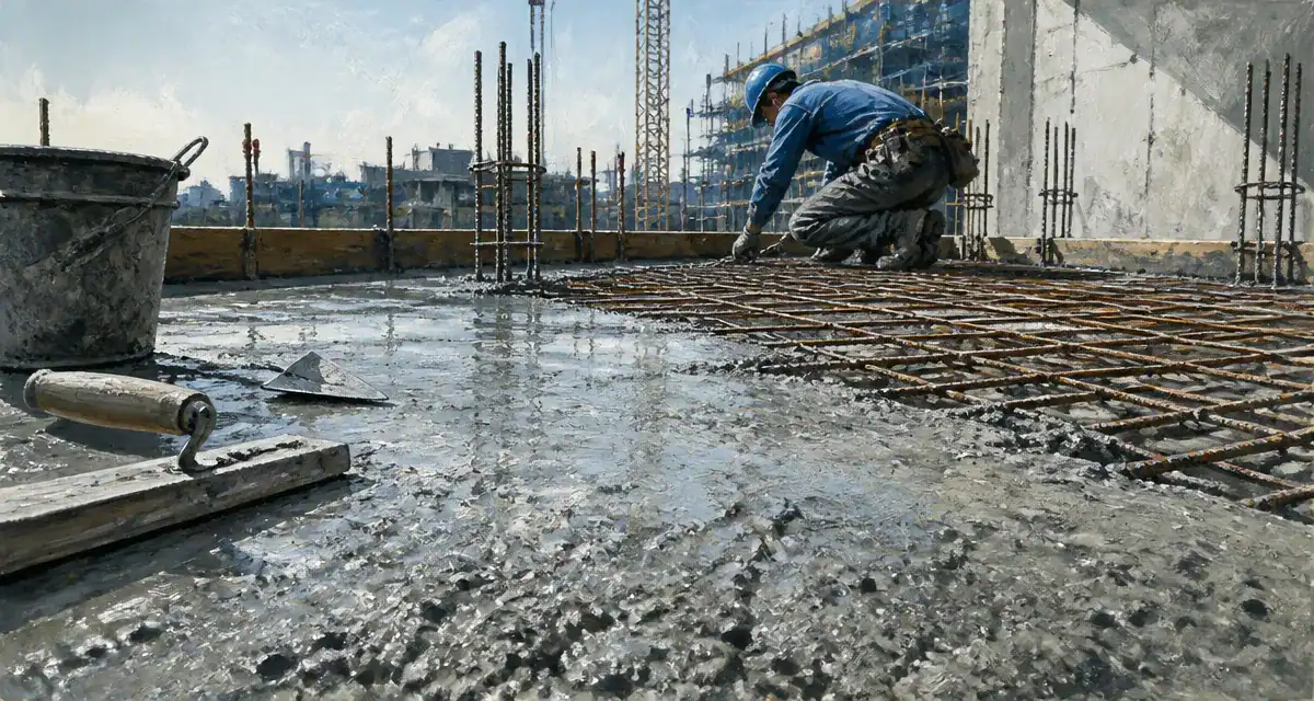 dalle en béton armé fraîchement coulée sur chantier