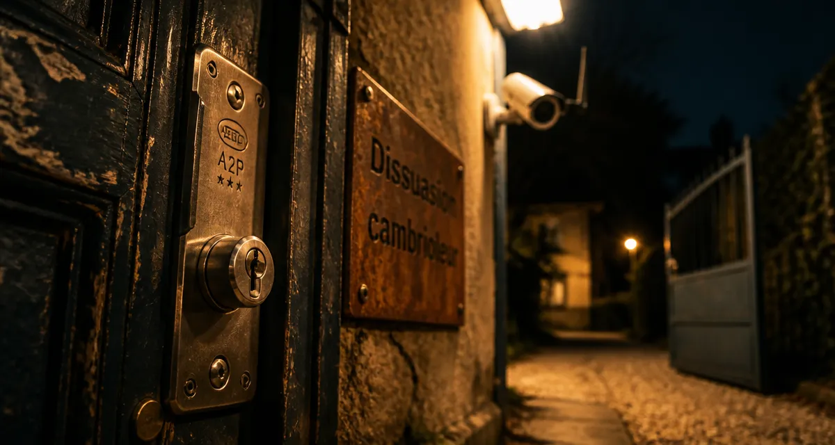Dissuasion cambriolage : serrure A2P sous lumière, caméra visible