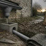 Drainage eau de pluie gouttière : eau vers regard et conduite PVC enterrée pour protéger fondations