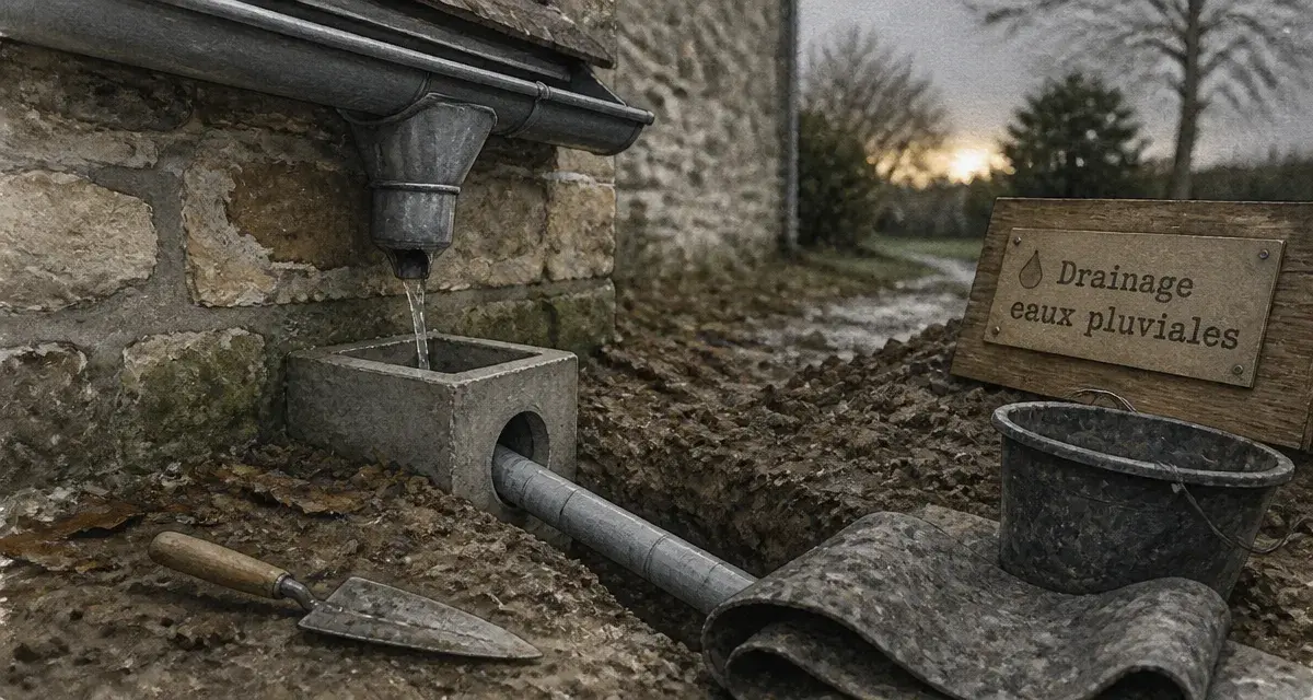 Drainage eau de pluie gouttière : eau vers regard et conduite PVC enterrée pour protéger fondations