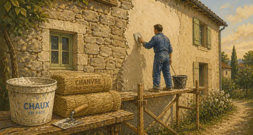 enduit chaux chanvre exterieur sur façade pierre