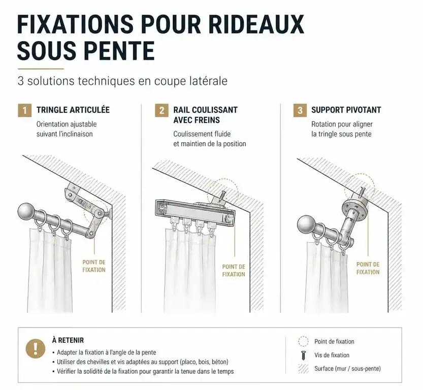 Schéma des systèmes de fixation pour tringle rideau sous pente