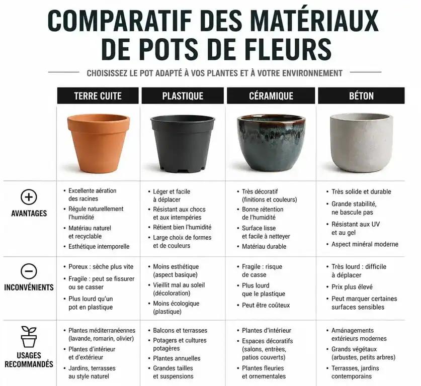Infographie comparative des matériaux de pots de fleurs : terre cuite, plastique, céramique et béton pour choisir le bon pot de fleurs.