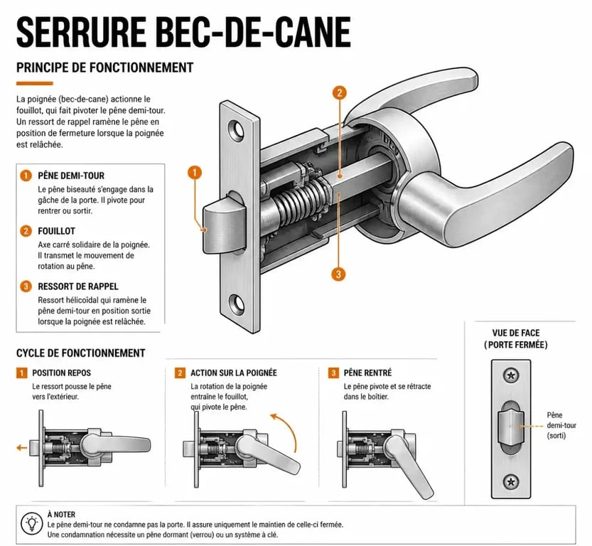 Schéma explicatif du fonctionnement d'une serrure bec-de-cane avec pêne demi-tour