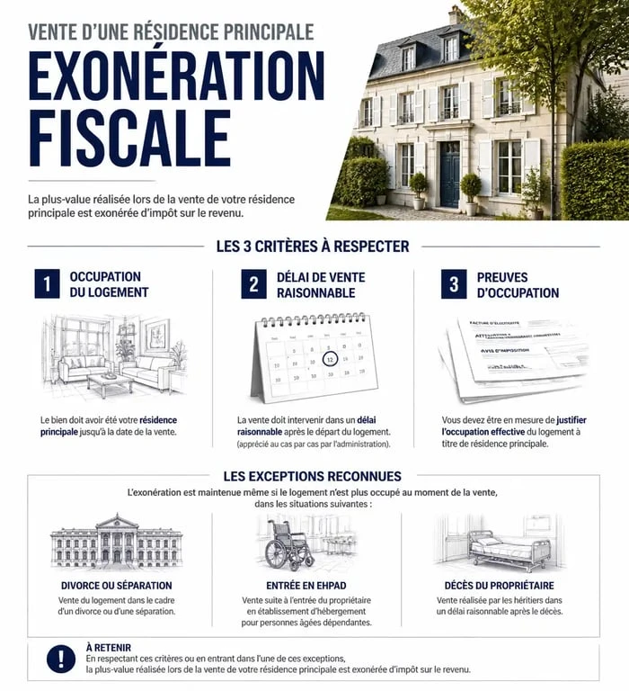 Schéma des conditions d'exonération d'impôt sur la plus-value lors de la vente d'une résidence principale