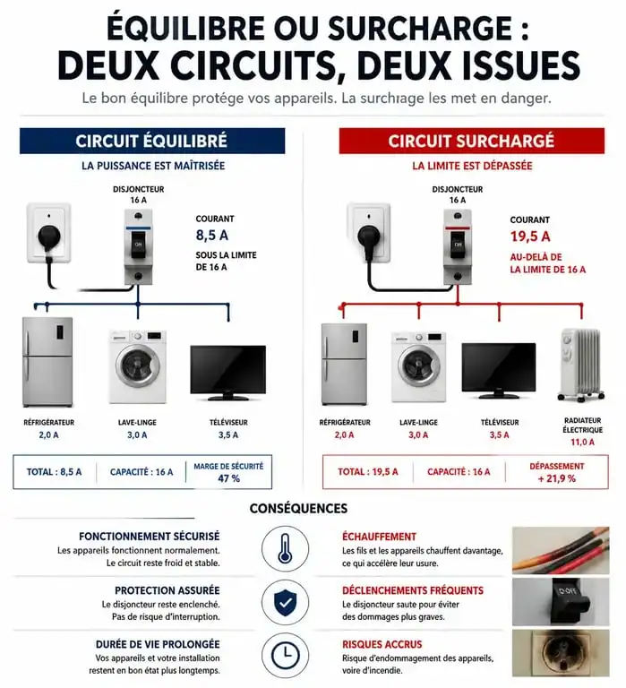 Schéma conceptuel illustrant la différence entre un circuit électrique équilibré et une surcharge provoquant un fusible qui saute.