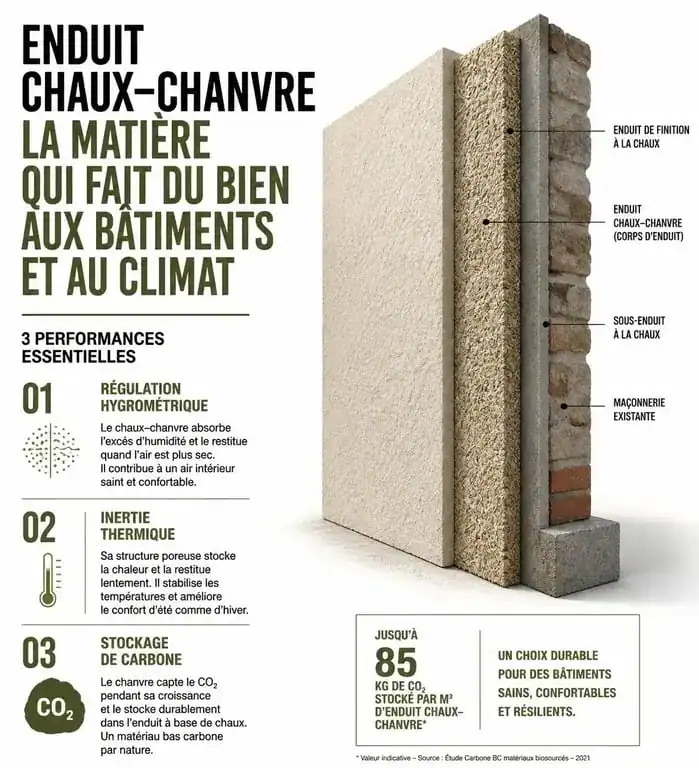 Schéma technique des avantages d'un enduit chaux chanvre extérieur sur une façade