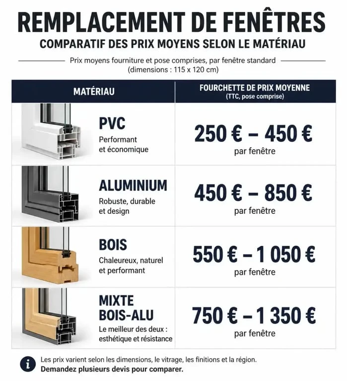 Comparatif des prix moyens de remplacement de fenêtres par matériau : PVC, Aluminium, Bois, Mixte