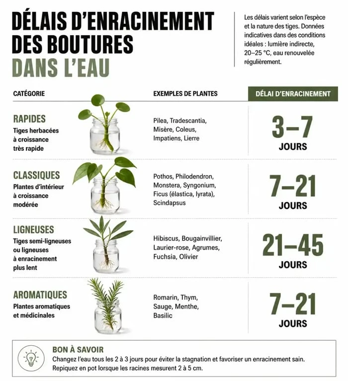 Infographie récapitulative du temps de bouturage dans l'eau selon le type de plante