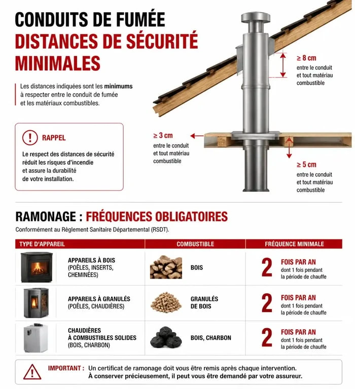 Infographie récapitulative des distances de sécurité et règles d'entretien selon la norme DTU 24.1 pour conduits de fumée