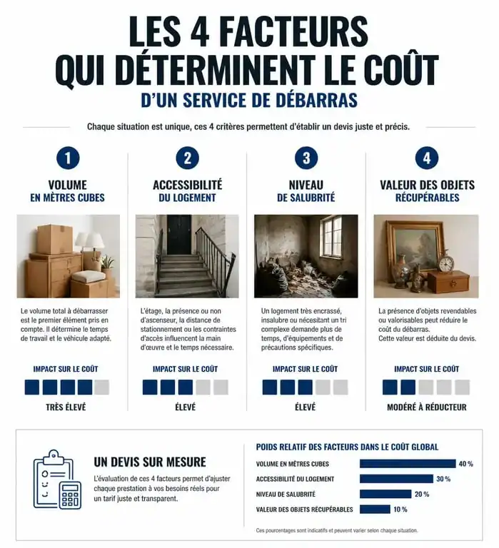 Infographie des critères de prix pour un service de nettoyage et débarras