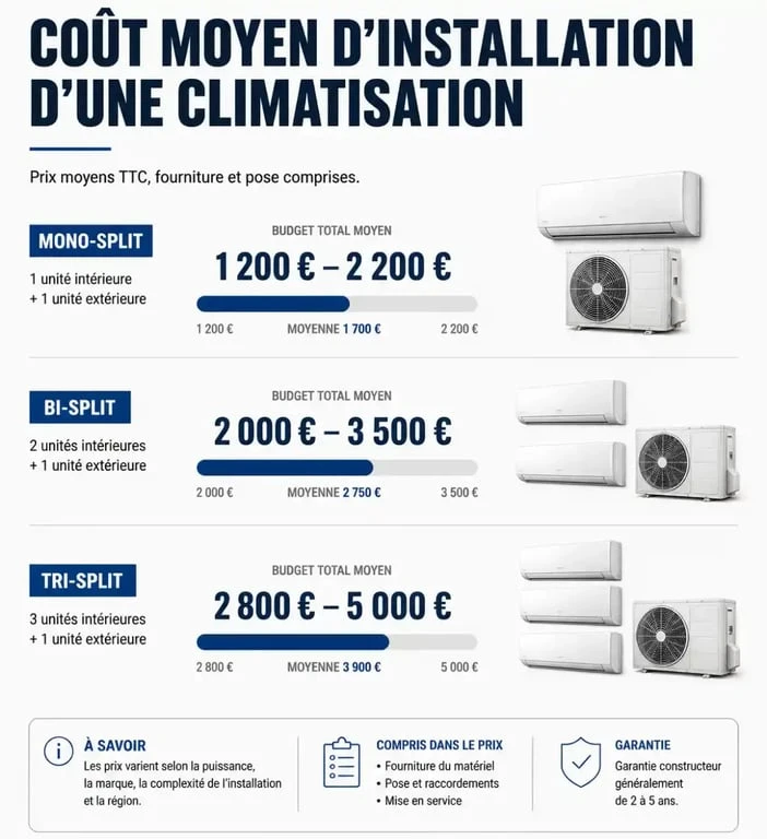 Tableau comparatif des coûts d'installation de climatisation en appartement
