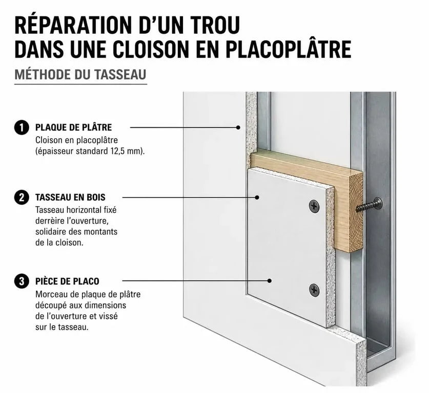 Schéma explicatif de la méthode du tasseau pour reboucher un trou dans du placoplâtre