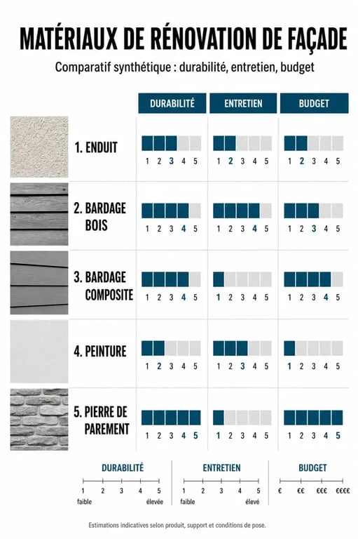 Tableau comparatif des solutions pour rénover ou embellir façade : enduit, bardage bois, composite et pierre de parement.