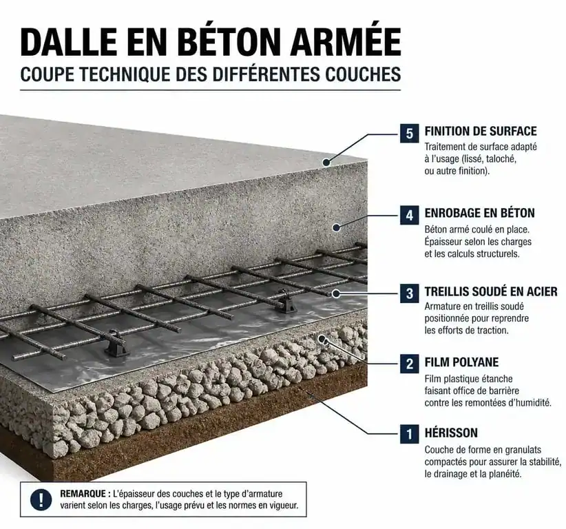 Schéma technique d'une dalle en béton armé montrant la structure et l'enrobage