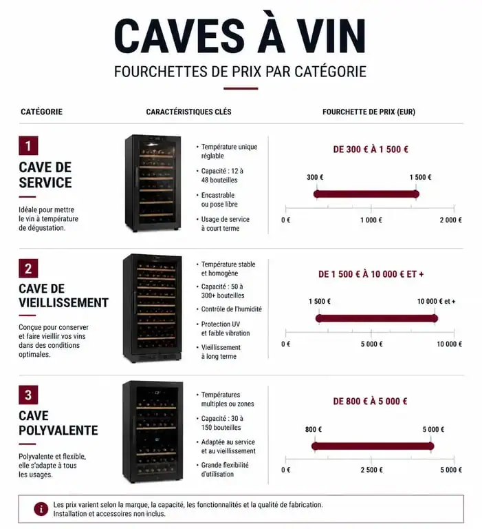 Infographie comparative des prix des caves à vin : service, vieillissement et polyvalentes pour estimer son budget.