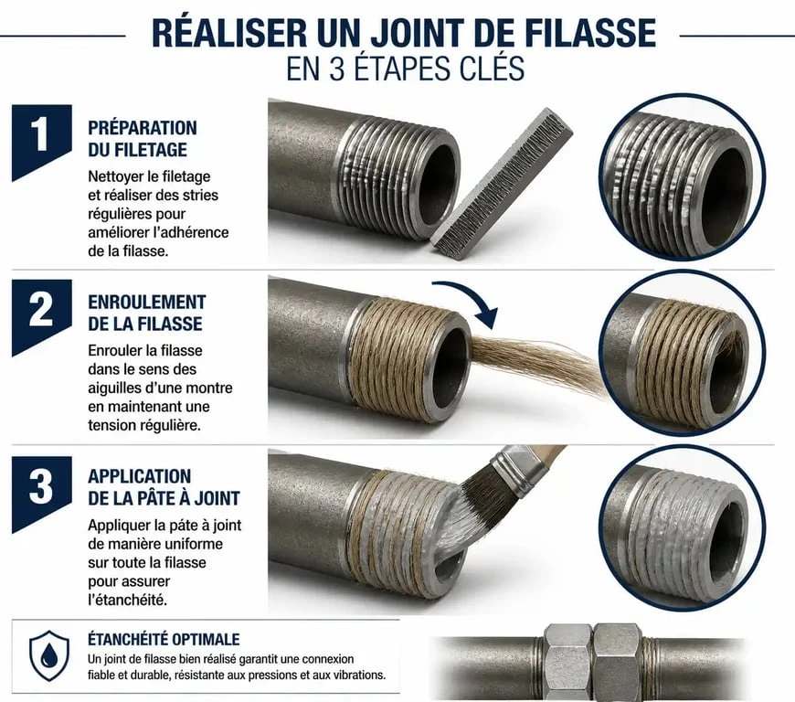 Étapes de réalisation d'un joint de filasse pour plomberie : préparation du filetage, enroulement et application de la pâte