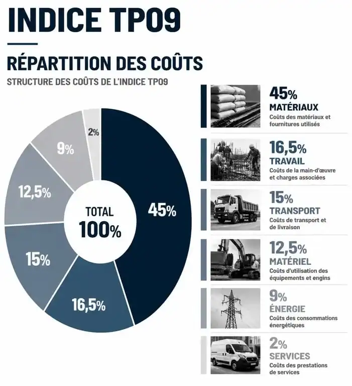 Répartition des coûts de l'indice TP09 pour les travaux d'enrobés