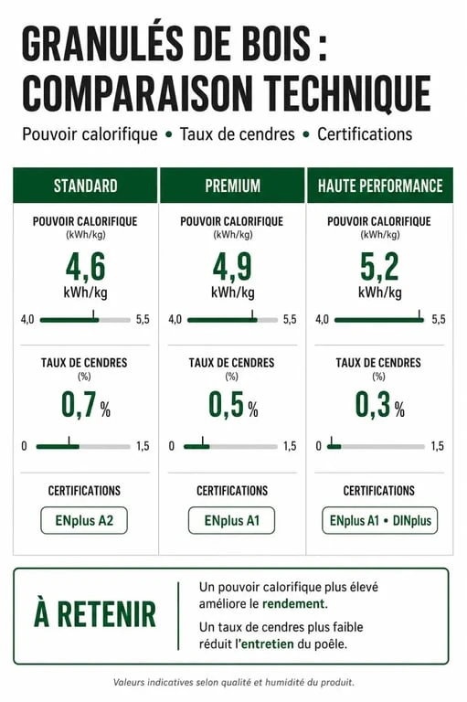 Comparatif des meilleurs pellets de bois : critères de performance et certifications pour un chauffage efficace.