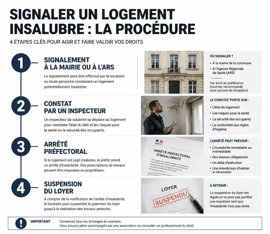 Infographie des étapes pour obtenir le remboursement de loyer en cas de logement insalubre
