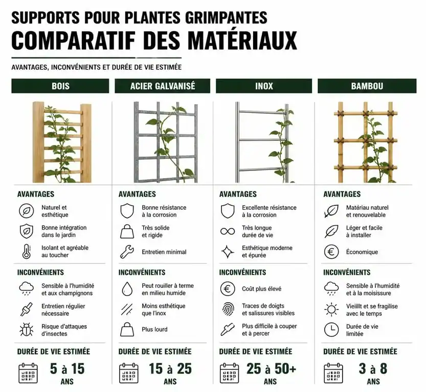 Infographie comparative des matériaux pour supports de plantes grimpantes : bois, acier, inox et bambou pour choisir le meilleur support plante grimpante.