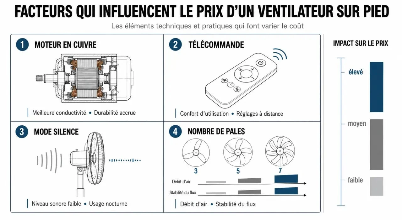 Infographie des facteurs influençant le prix d'un ventilateur sur pied pour comparer les modèles.