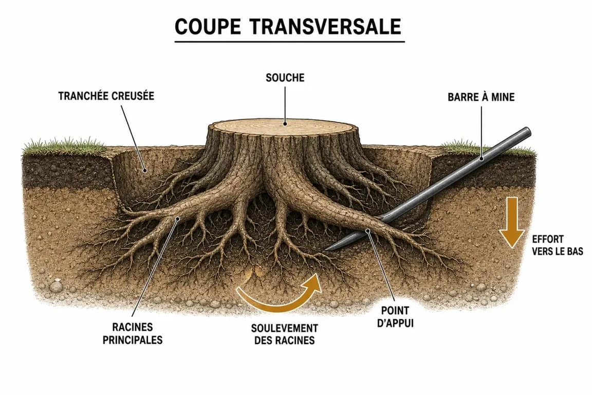 Schéma explicatif de la méthode manuelle pour enlever des racines profondes d'arbre