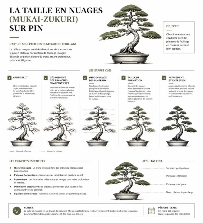 Technique de taille en nuages (Mukai-Zukuri) sur un arbre japonais pour un jardin zen.