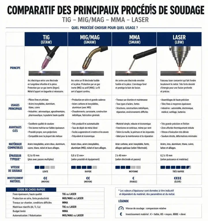 Infographie comparative des procédés de soudage : TIG, MIG/MAG, MMA et Laser pour le métier de soudeur