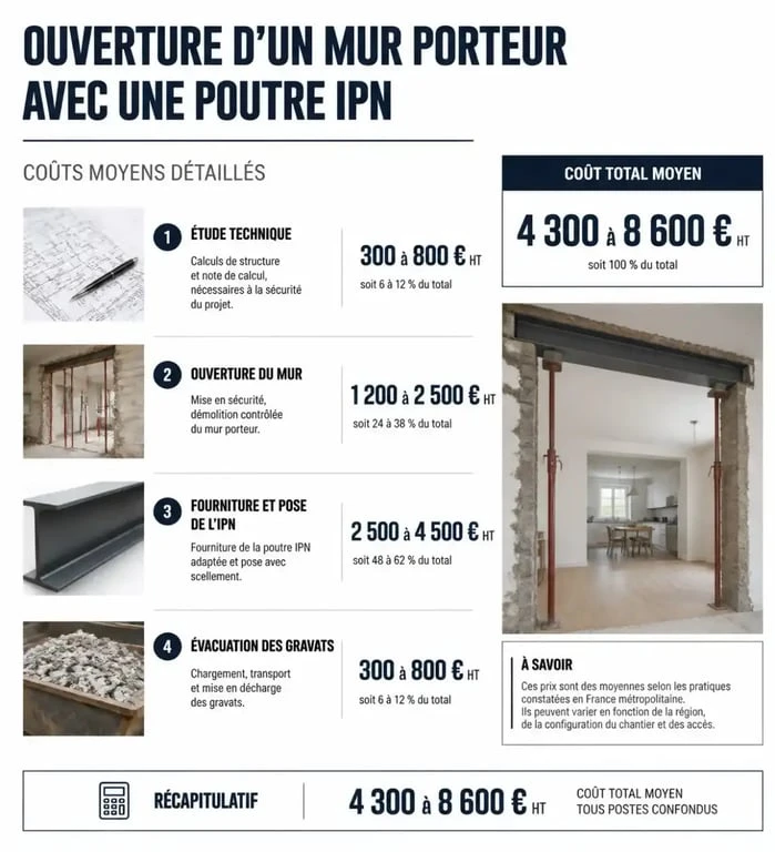 Infographie des coûts moyens pour l'ouverture d'un mur porteur et la pose d'un IPN