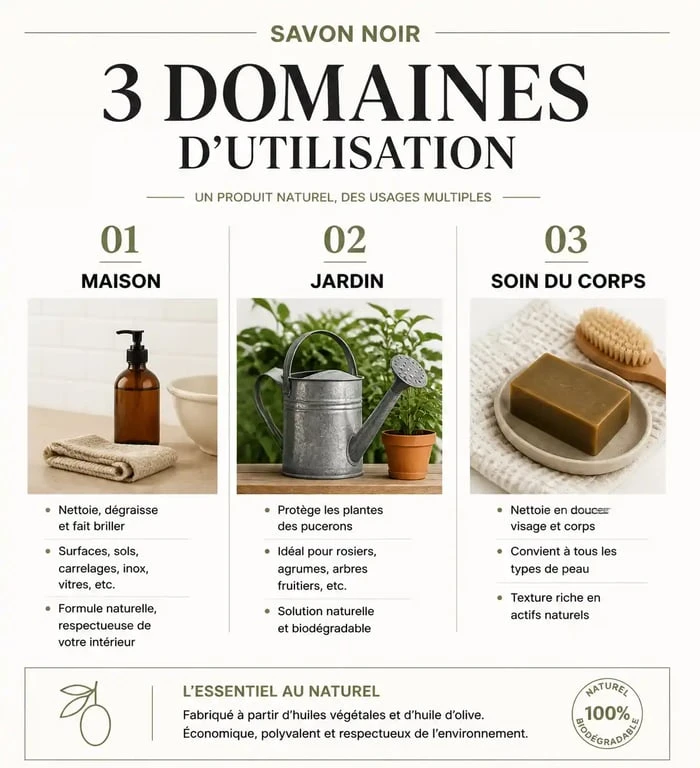 Infographie récapitulative des utilisations du savon noir pour la maison, le jardin et la beauté
