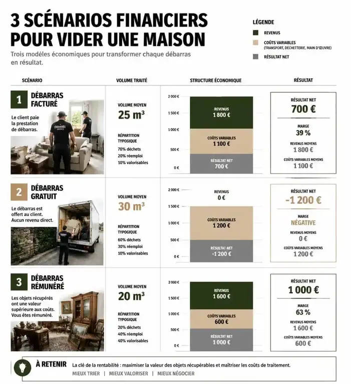 Infographie sur les tarifs et le fonctionnement d'une entreprise qui vide les maisons : débarras facturé, gratuit ou rémunéré.